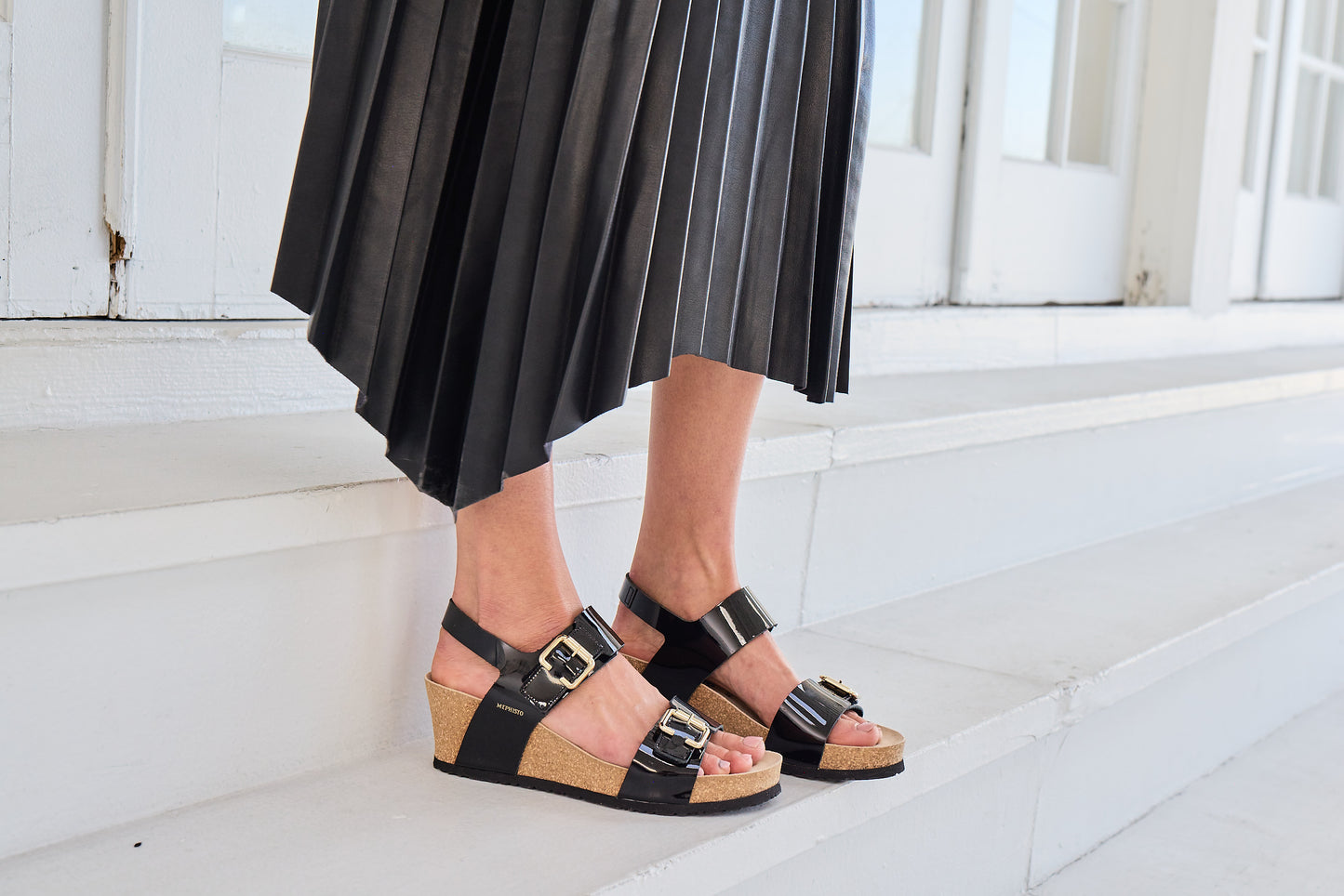 Lissandra Mephisto Women's Wedge Sandals Black Patent Lifestyle