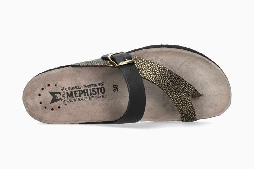 Mephisto newest Womens 9 Helen Mix Black Gold Metallic Leather Toe Ring Slides Sandals